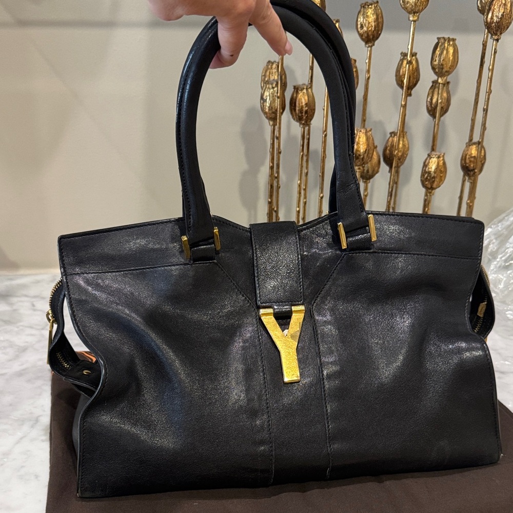 Saint Laurent IBlack Leather Tote with Gold Hardware. Y is tarnished!